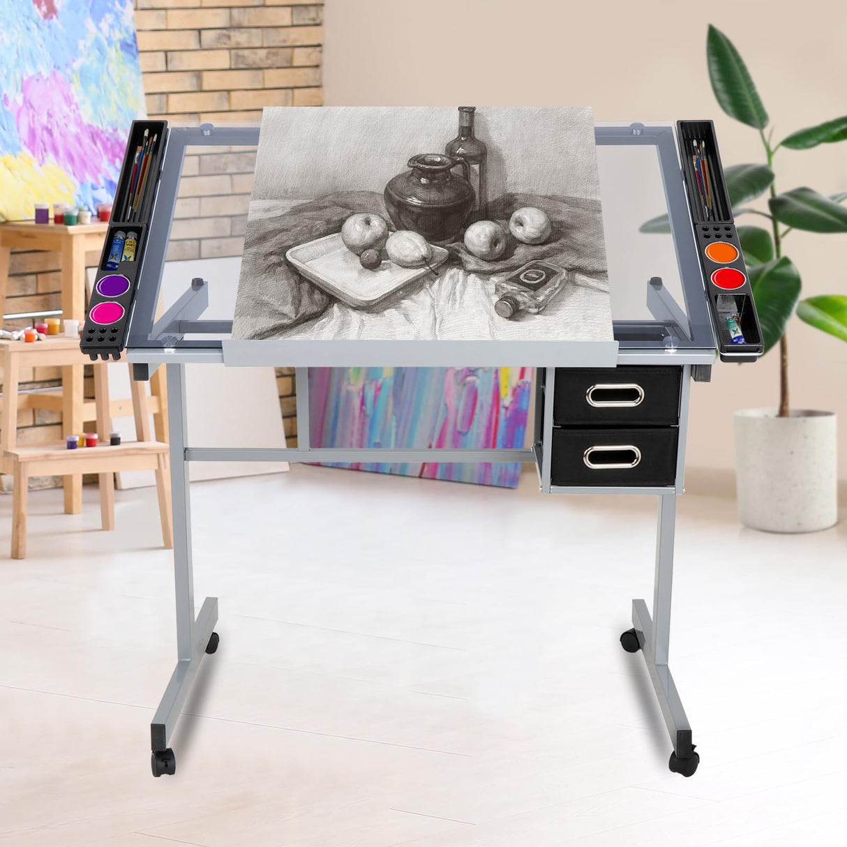 LEMY Drafting Table, Height Adjustable Artist Desk with Slide Storage Drawers and Wheels, Work/Art Station for Drawing, Writing, Home Office LEMY