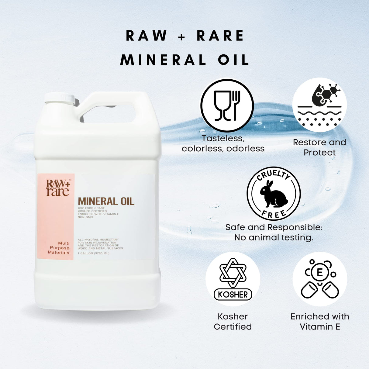 Raw Plus Rare Food Grade Mineral Oil (1gal), Suitable for Bamboo Cutting Board, Butcher Block, Wood, Knife Blade, Cast Iron Tools - Vegan, Enriched Raw Plus Rare