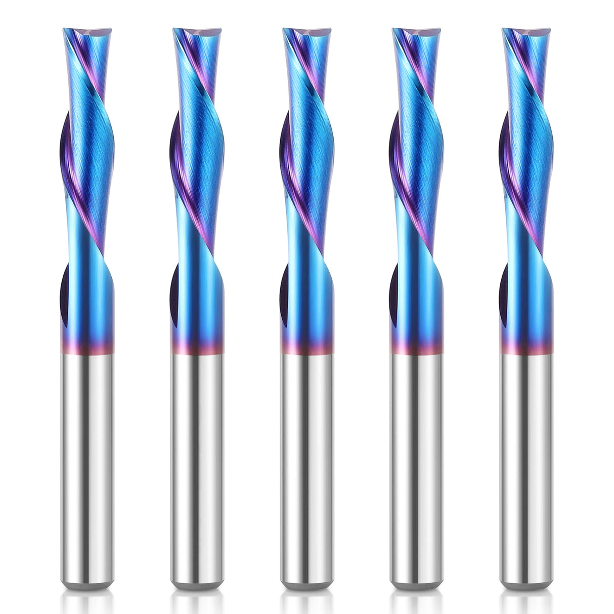 HQMaster 5 Pcs Spiral CNC Router Bits Set Down Cut 1/4” Shank Solid Carbide Spiral Downcut CNC Bits with Nano Blue Coating End Mill for Wood Cut HQMaster