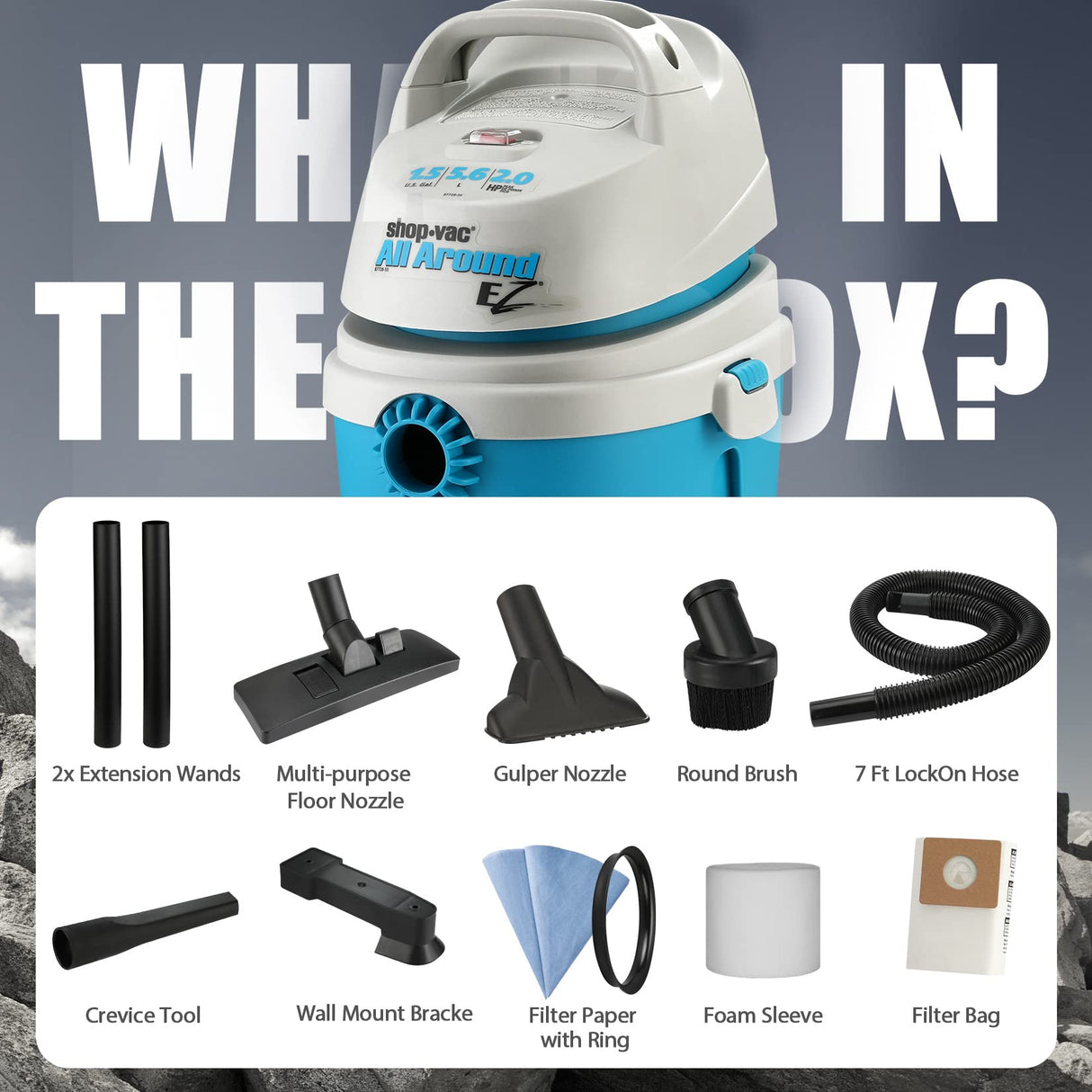 Shop-Vac 1.5 Gallon 2.0 Peak HP All Around EZ Wet/Dry Vacuum, Portable Compact Shop Vacuum, 3 in 1 Function with Wall Bracket & Multifunctional Shop-Vac