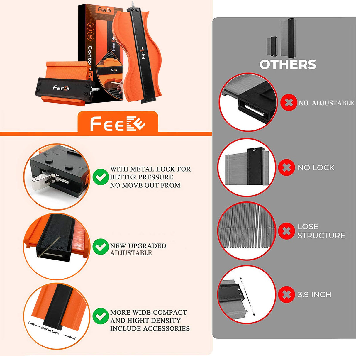 Contour Gauge 10+5 Inch with Lock, Duplicator Gauge Shape and Outline Tool Woodworking Tools Christmas Gifts for Men, Dad, Husband, Grandpa, Feeke