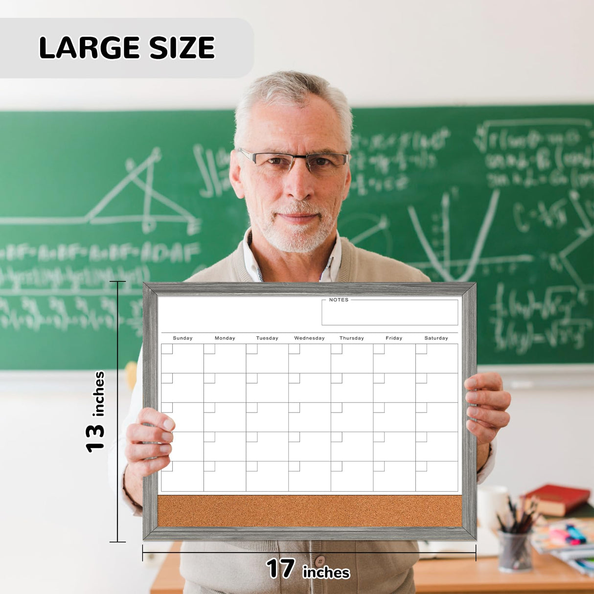 Monthly Whiteboard Calendar & Corkboard for Wall, Magnetic 17"x13" Dry Erase Board with Gray Wood Framed, 2in1 White Board Cork Board Combo, Calendar ABERLLS