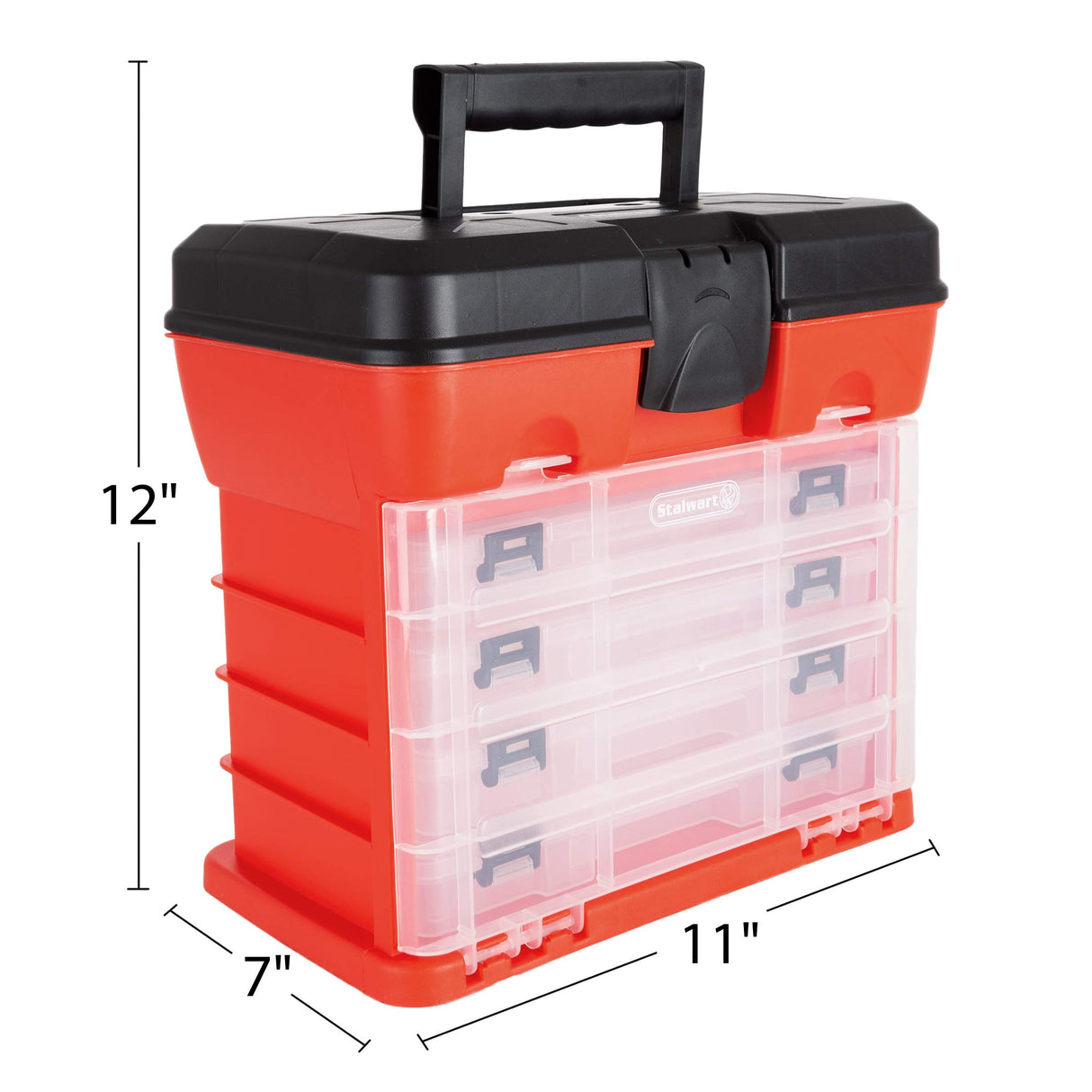 Storage Tool Box - Portable Multipurpose Organizer With Main Top Compartment and 4 Removable Multi-Compartment Trays by Stalwart,Red,11 in x 7 in x Stalwart