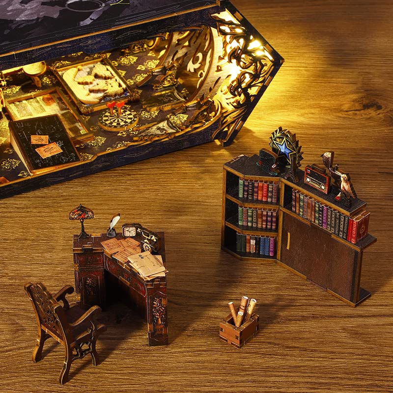 DIY Book Nook Kit Wooden Detective Agency Miniature Dollhouse Kit, Creative Bookshelf Insert Decor with Sensor LED Light, Bookend Building Hobbies 3D Hallisun