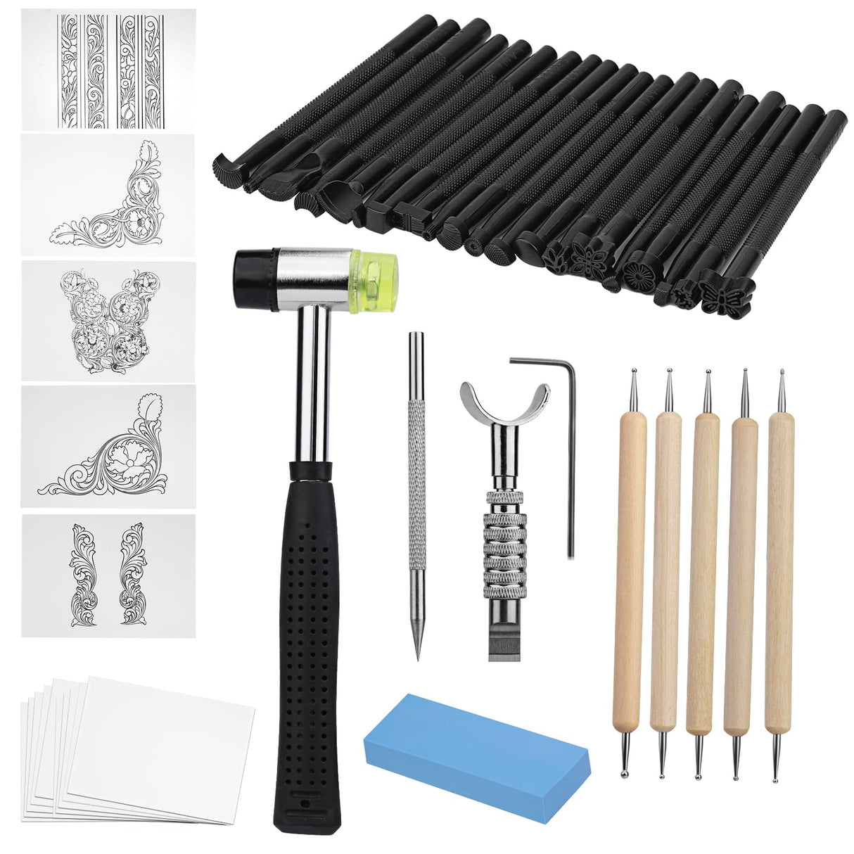 QMNNMA Leather Stamping Tools, Saddle Making Stamp Punch Set with Leather Scriber Pen, Leather Working Hammer and Tracing Paper, for Leather Carving QMNNMA
