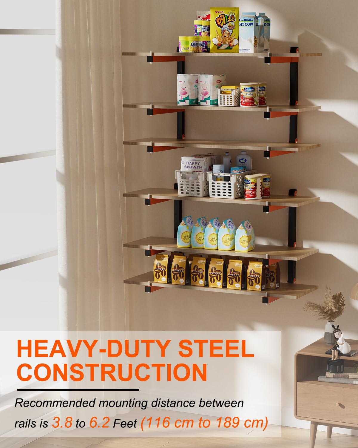 Acools Lumber Storage Rack, Lumber Rack Wall Mount, Heavy Duty Wood Storage Racks with 9-Level System, 1080 lb Durable Garage Wood Organizer, Orange Acools