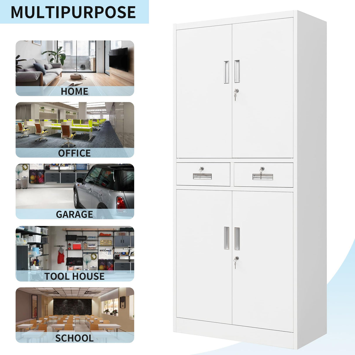 CMY Metal Storage Cabinet, 71" H x 32" W x 16" D Locking Storage Cabinet with Adjustable Shelves and 2 Drawers, Steel Storage Cabinet for Office, CMY