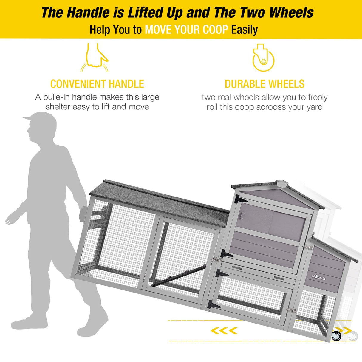 Aivituvin Chicken Coop Hen House Portable with Wheel Wooden Poultry Cage with Nesting Box Outdoor Chicken House with Run 80" Aivituvin