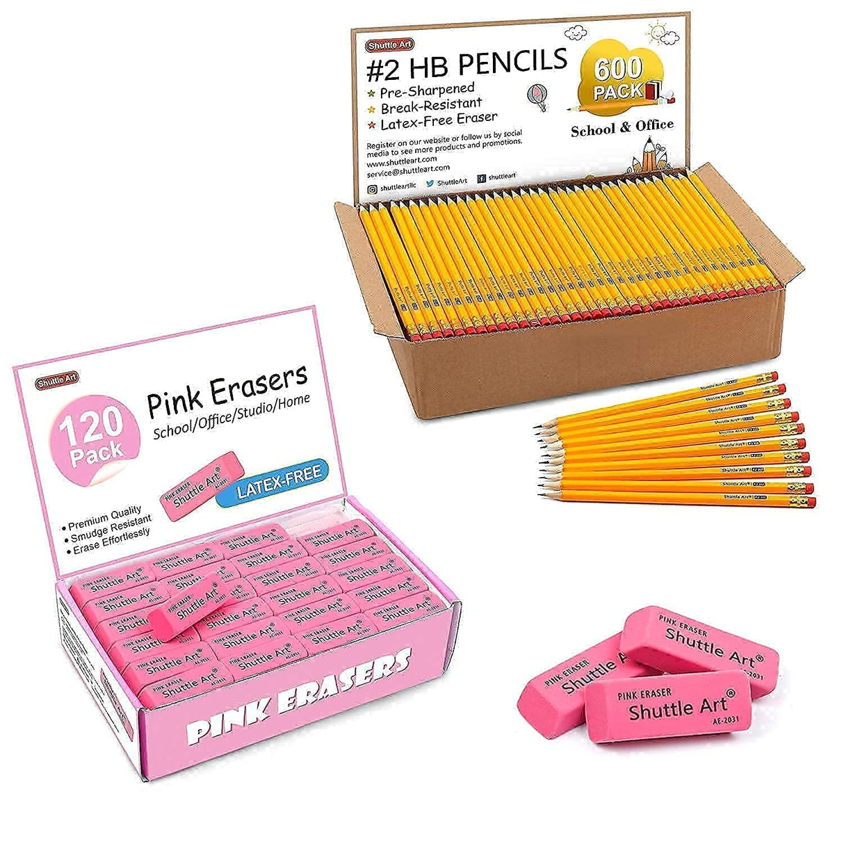 Shuttle Art Pencils and Erasers Bundle, Set of 600 Pack Sharpened Yellow Pencils + 120 Pack Pink Erasers Bulk Shuttle Art