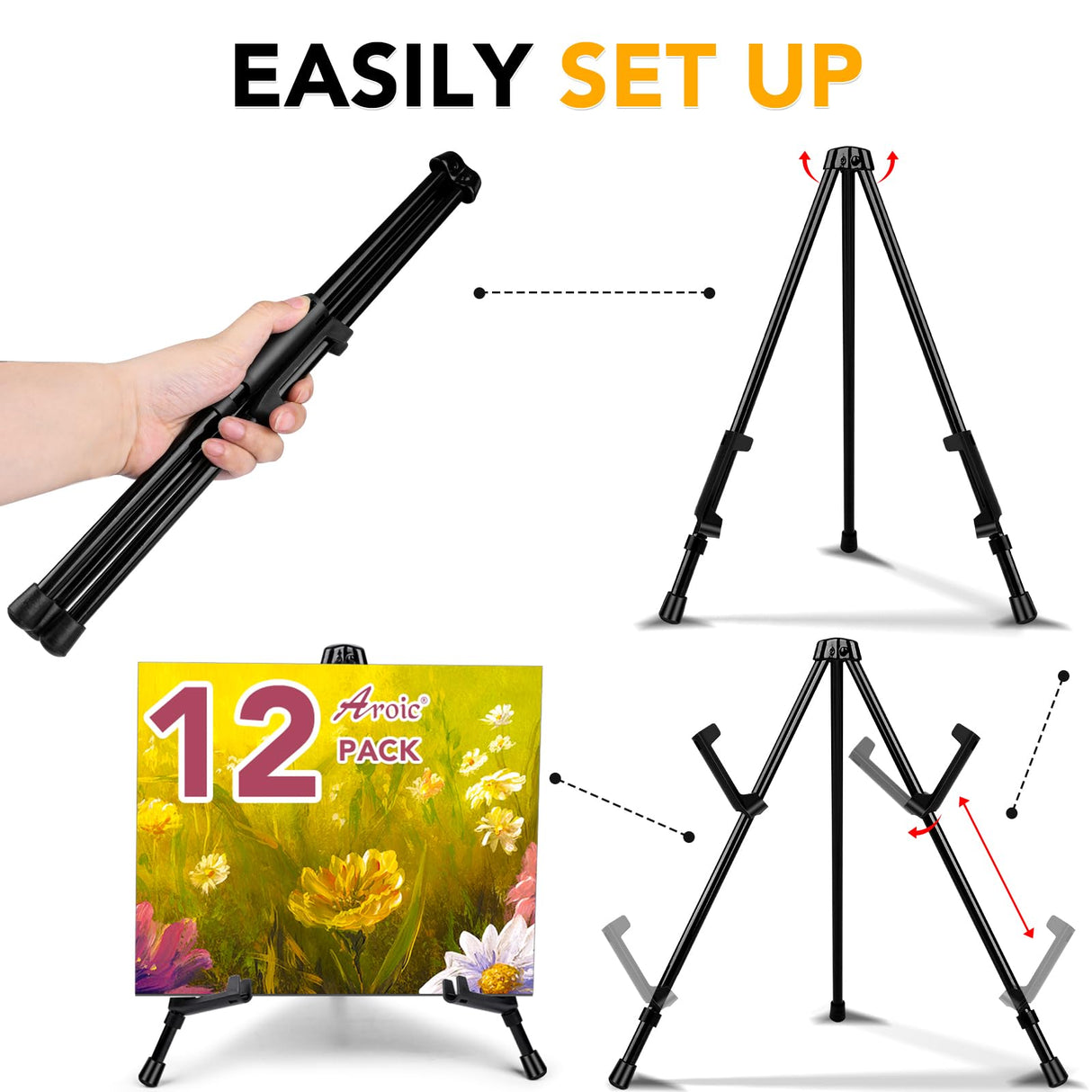 AROIC 14'' Tabletop Instant Display Easel, 12 Pack Black Small Steel Portable & Adjustable Collapsible Table Tripod Easels Stand, for Canvas AROIC
