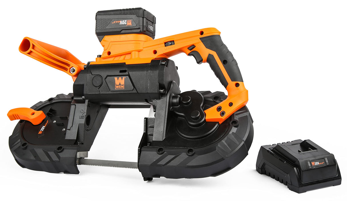 WEN Cordless Portable Bandsaw for Metal with Variable Speed, 20V Max 5.0 Ah Lithium-Ion Battery, and Charger (20496), Black WEN