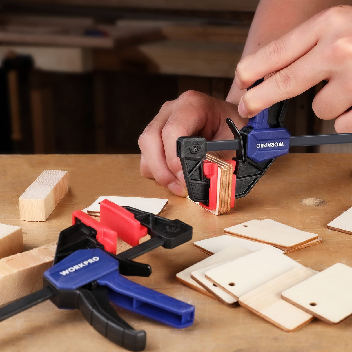 WORKPRO 6" Mini Bar Clamps for Woodworking, One-Handed Clamp/Spreader, Light-Duty Screw-Change F Clamp with 50lbs Load Limit, 2PC WORKPRO