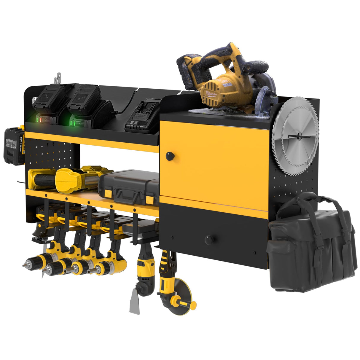 GDLF Heavy Duty Power Tool Organizer with Charging Station, Extra Large Wall Mount Garage Organizer with Battery Organization Cabinet & Drawer GDLF