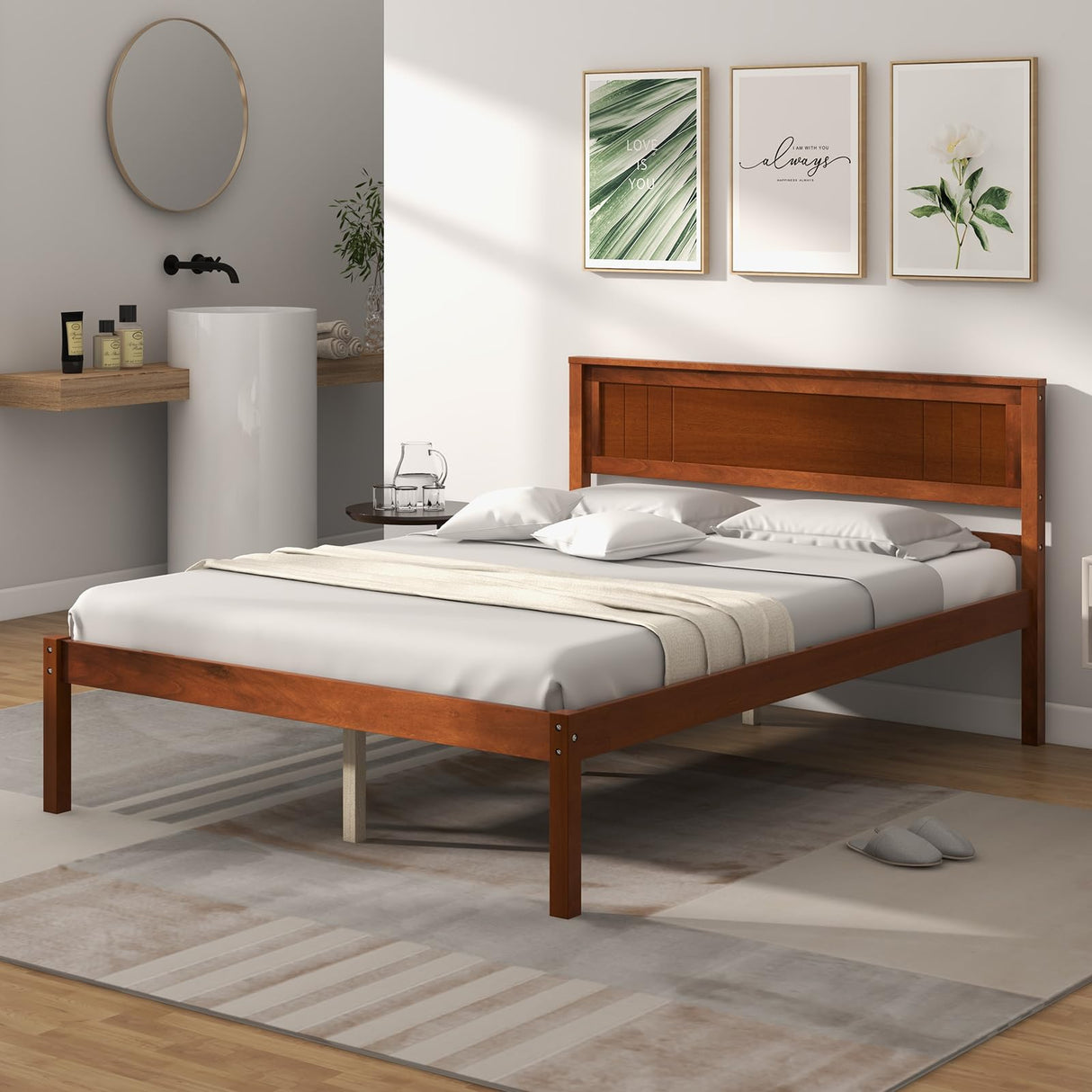 Giantex Wood Full Platform Bed with Headboard, Mid Century Solid Wood Bed Frame with Wood Slat Support, Wooden Mattress Foundation with 12" Under Bed Giantex