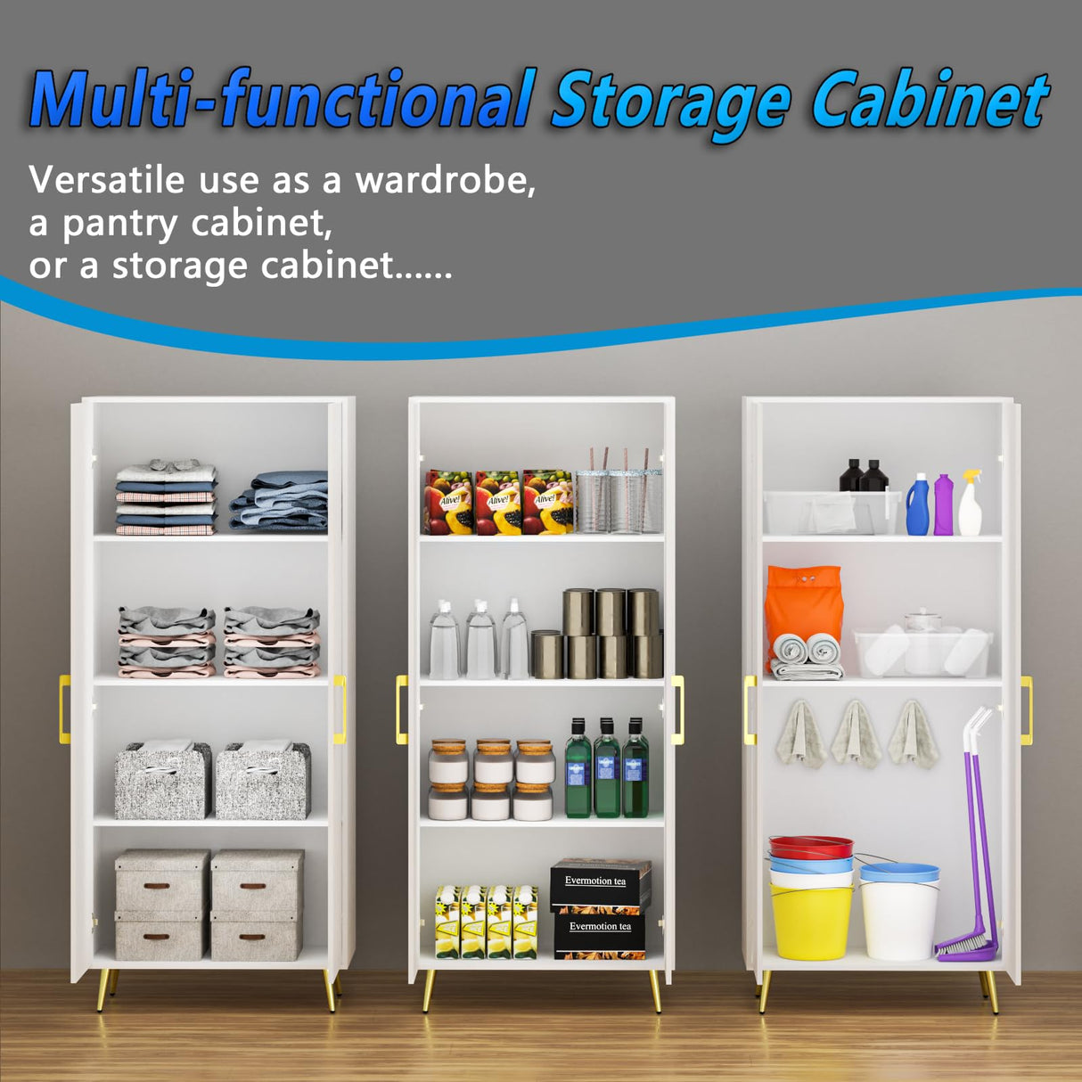 NOVAMAISON White Storage Cabinet 69” Tall - Storage Cabinet w/ 2 Doors and Adjustable Shelves, Freestanding Kitchen Pantry w/Gold Handles and Legs, NOVAMAISON