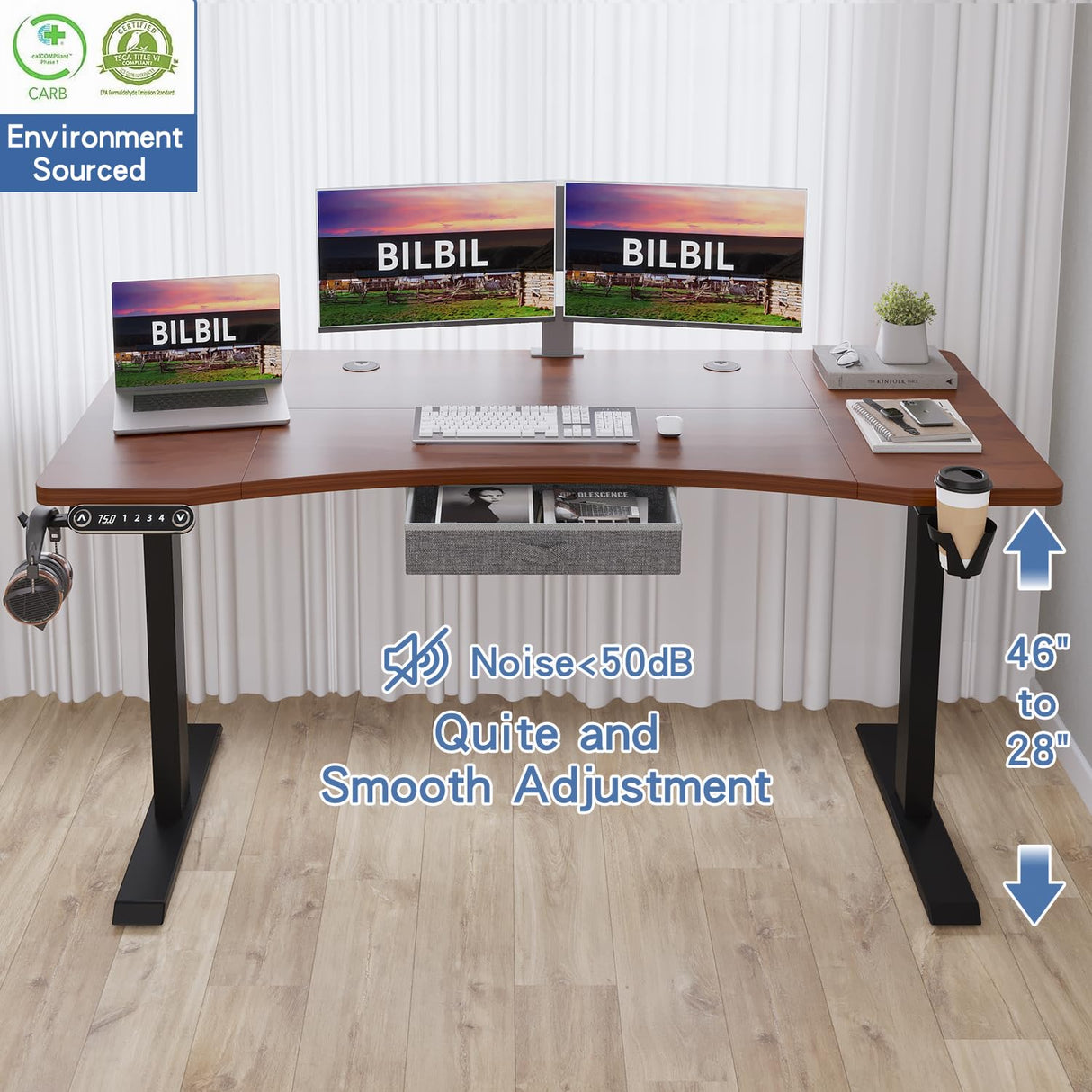 bilbil 63x30 Inches Dual Motor Electric Standing Desk with Drawer, Height Adjustable Sit Stand Up Desk with 4 Splice Boards, Home Office Desk bilbil