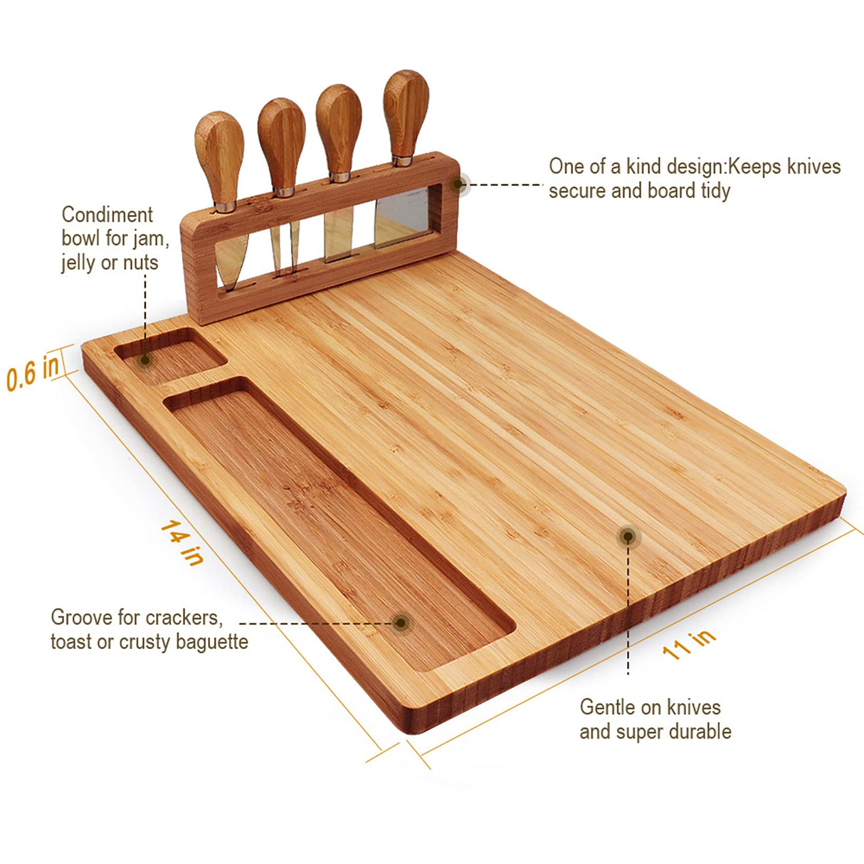 Bamboo Cheese Board Set, Cheese Tray, Charcuterie Board and Serving Meat Platter with 4 Stainless Steel Cheese Knives, Ideal for Wedding Gifts Widousy