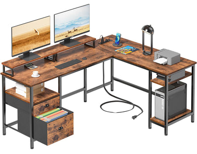 Furologee 66” L Shaped Desk with Power Outlet, Reversible Computer Desk with File Drawer & 2 Monitor Stands, Home Office Desk with Storage Shelves,