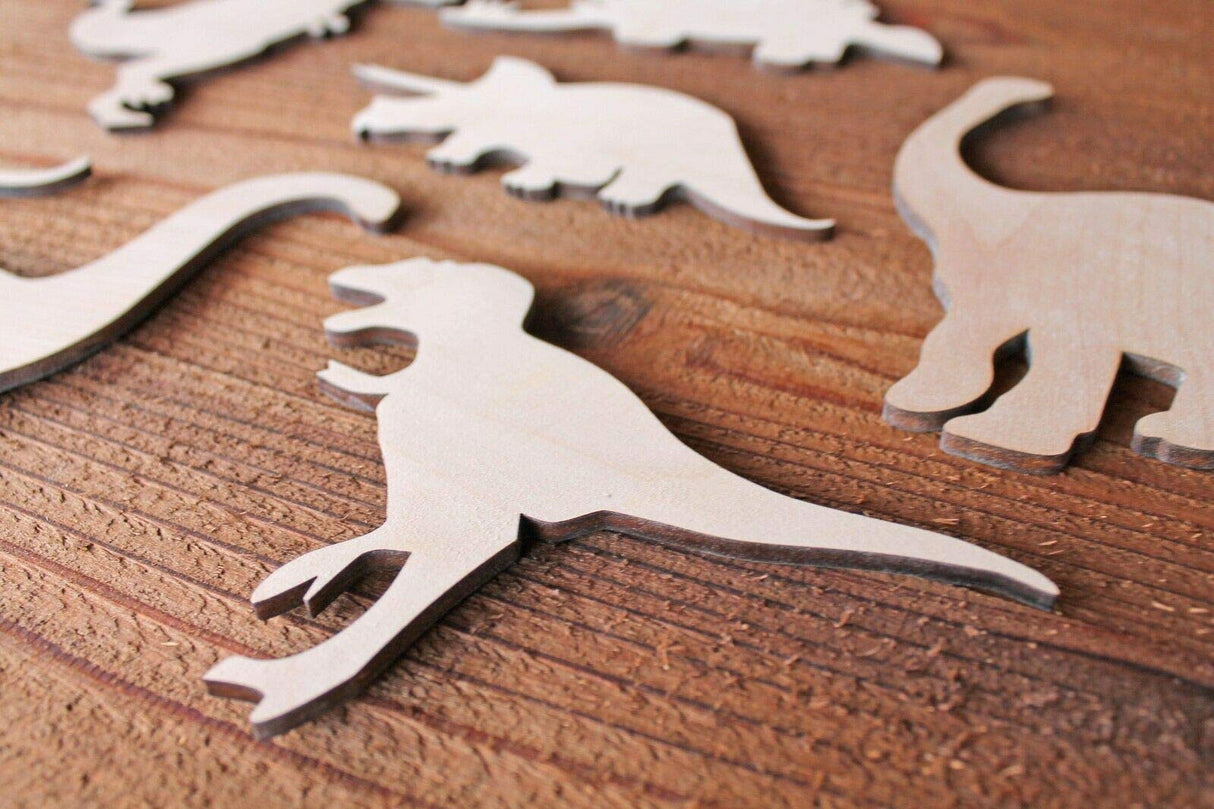 Set of 6 Large Dinosaur Wood Cutout Shapes 6", 8",10" or 12" available Cut out T-Rex Brontosaurus Brachiosaurus Velociraptor + more Texan Wood Crafts