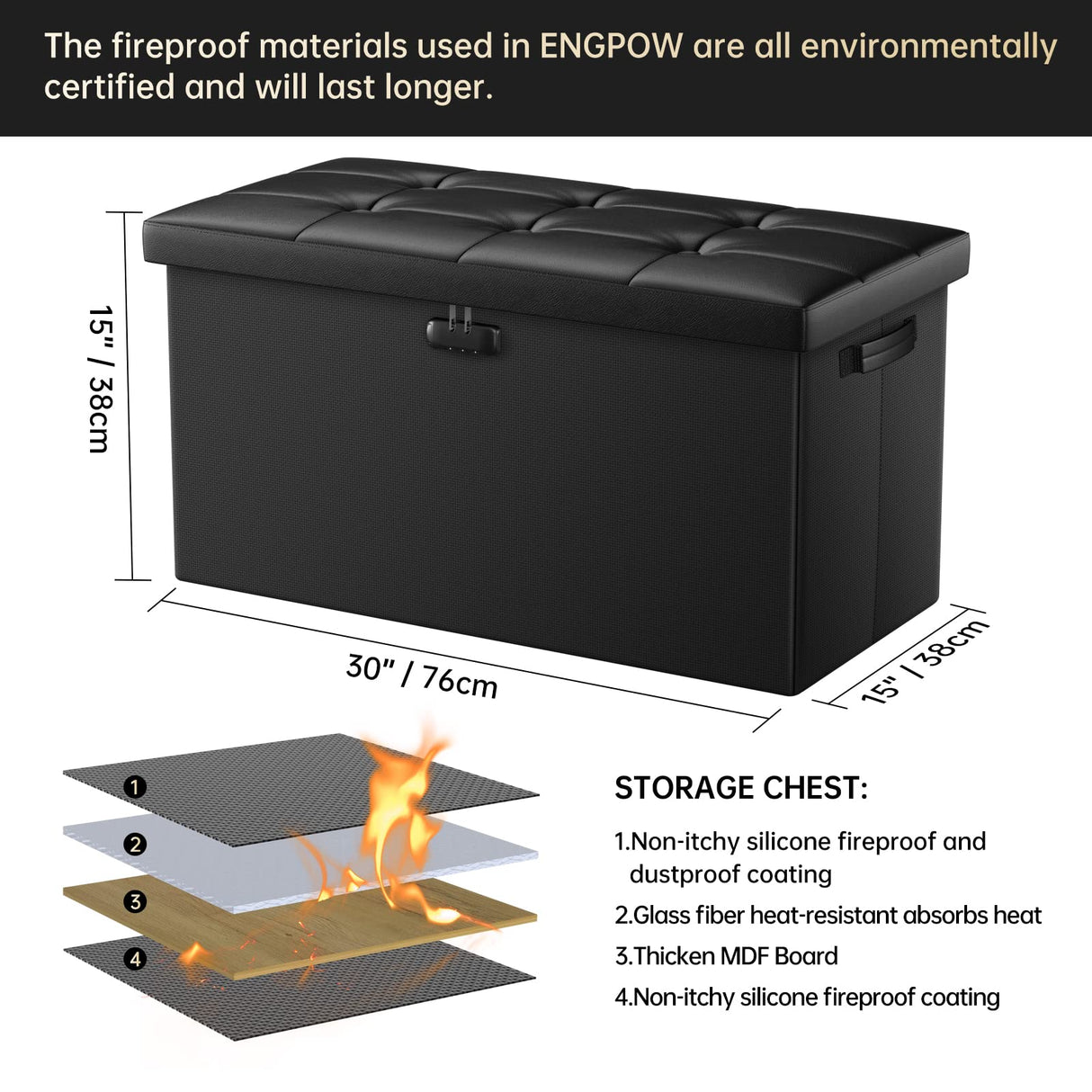 ENGPOW Storage Ottoman Bench,Fireproof Folding Storage Bench with Lock,30 Inches Fire&Water Resistant Storage Chest Foot Rest Stool Leather Bedroom ENGPOW