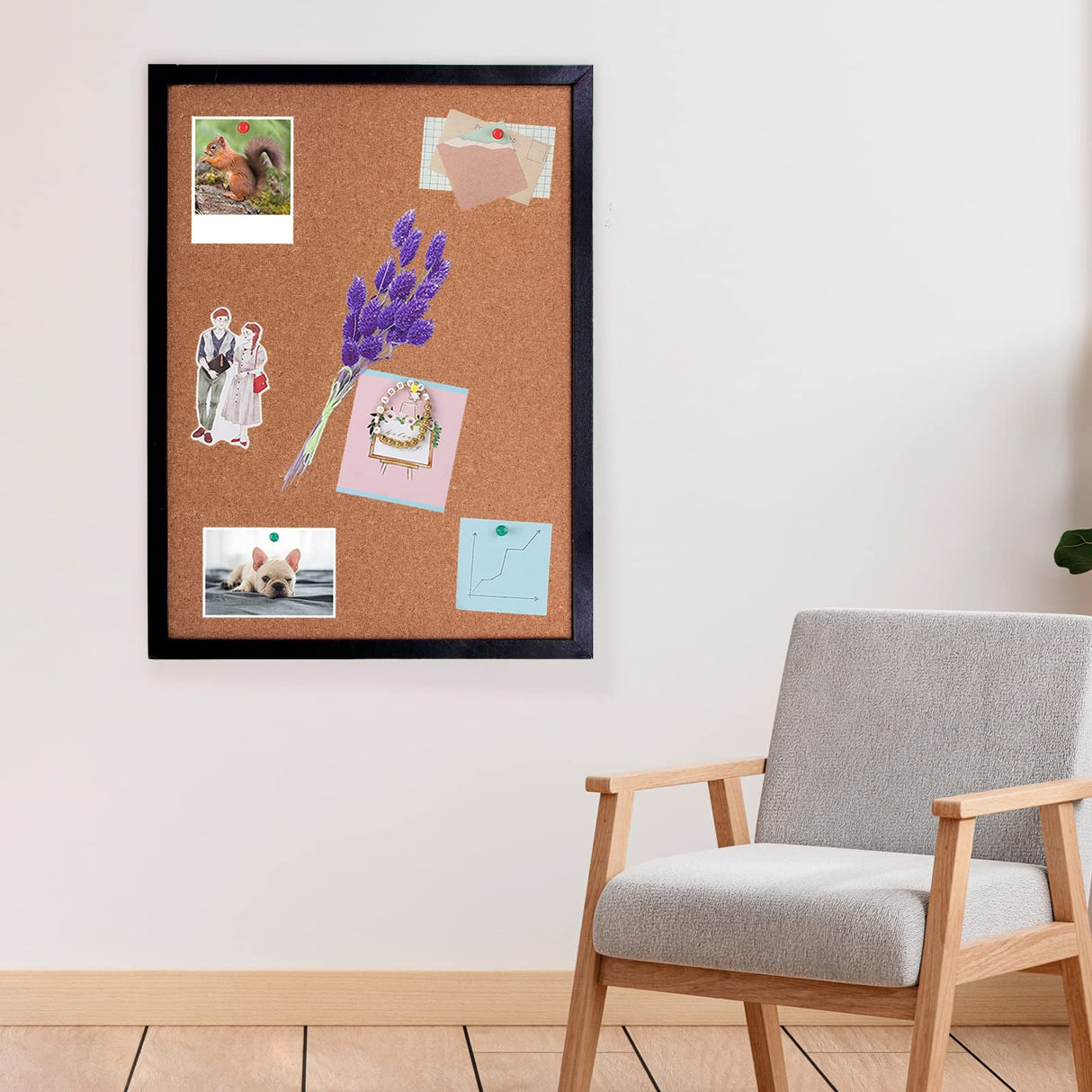 Black Cork Board Bulletin Board, 17.7"X 13.3" pin Boards for Walls, Oak Wood Finish Frame, Wall Mounted Cork Board for Office Home and School(Pins, BGJRBY