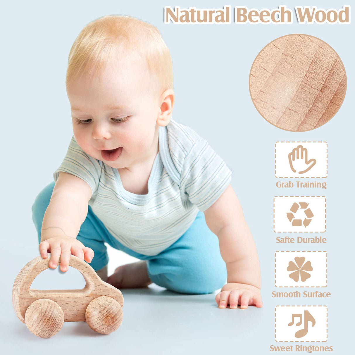 5 Pieces Wooden Baby Toys Wooden Toys for Babies 0-6-12 Months Wood Toys Rattles with Bells Montessori Wood Baby Push Car Wooden Newborn Toy for Zhanmai