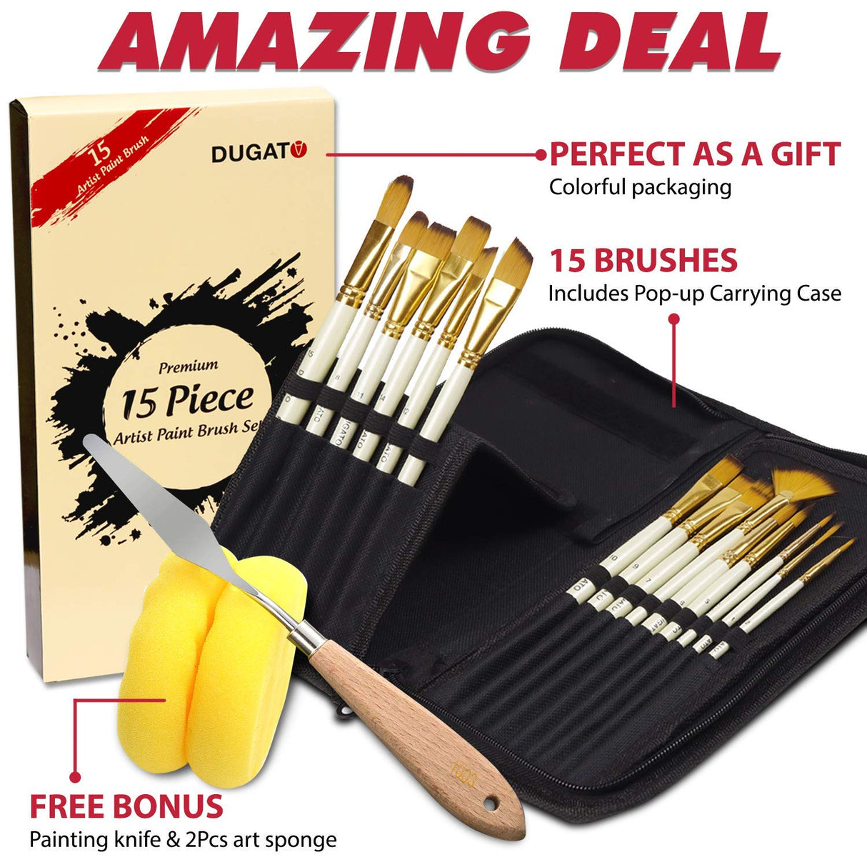 DUGATO Artist Paint Brush Set 15pcs Includes Pop-up Carrying Case with Painting Knife and 2 Sponges for Acrylic, Oil, Watercolor, Art, Scale Model, DUGATO