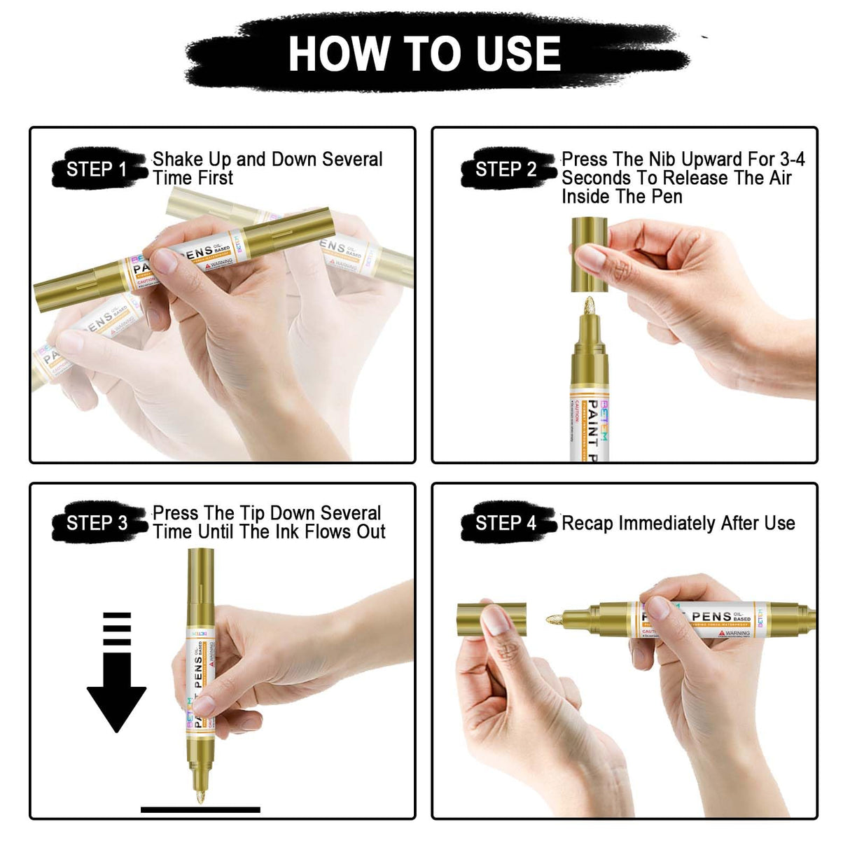 Betem Oil Based Paint Markers, Dual Tip Paint Pens(0.7mm & 3mm), Gold Silver Permanent Paint Marker Pen, Waterproof, Quick Dry, for Fabric, Rock Betem