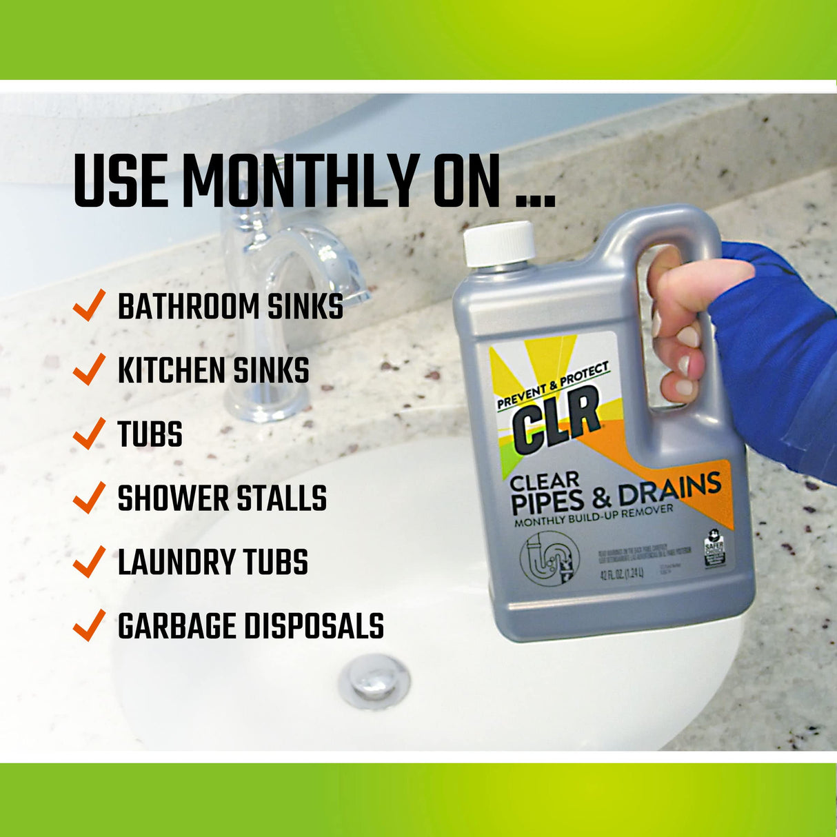 CLR Clear Pipes & Drains Clog Remover and Cleaner, For Shower, Sink, Toilet, Garbage Disposal, 42 Ounce Bottle CLR