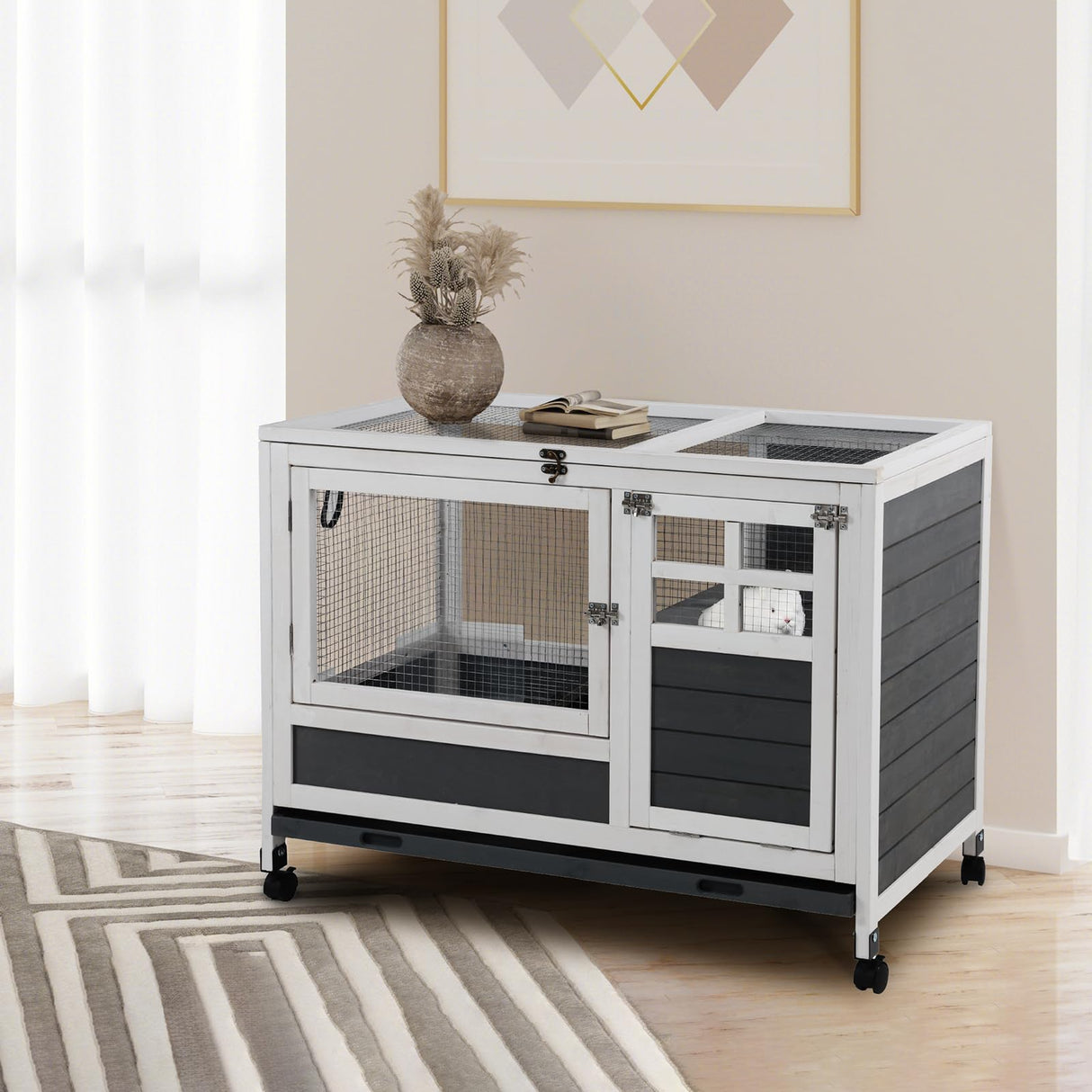 AniwuPaws Rabbit Hutch Indoor with Urine Guards/Netting Floor, Rabbit Cage on Wheels/Chew Proof/Tray, Guinea Pig Cages with Doors, Wooden Bunny House AniwuPaws