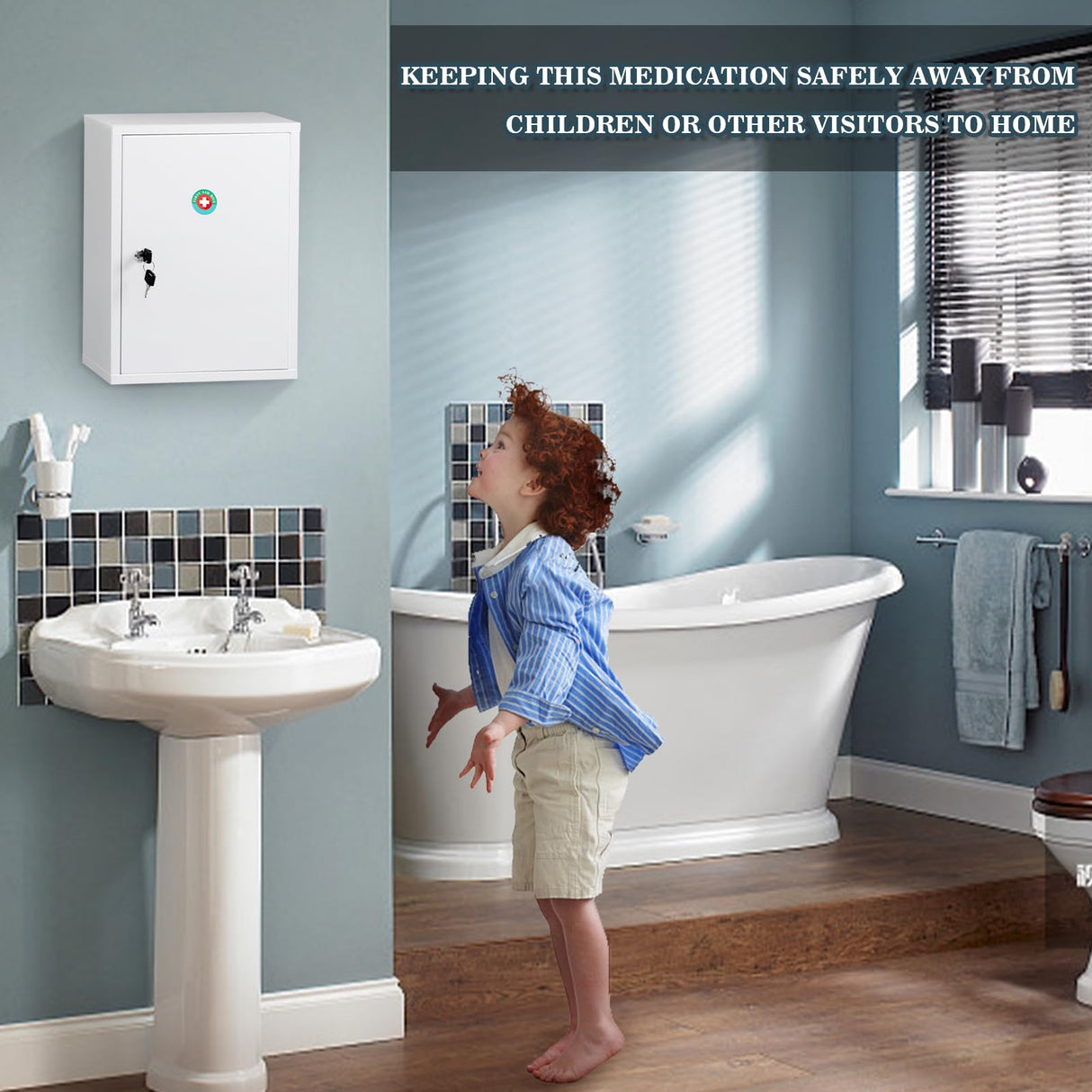 KYODOLED Wall Mount Medicine Cabinet, Large Capacity First Aid Wall Cabinet for Bathroom, Locking Medicine Cabinet with Key, Secure Steel Lock Box KYODOLED