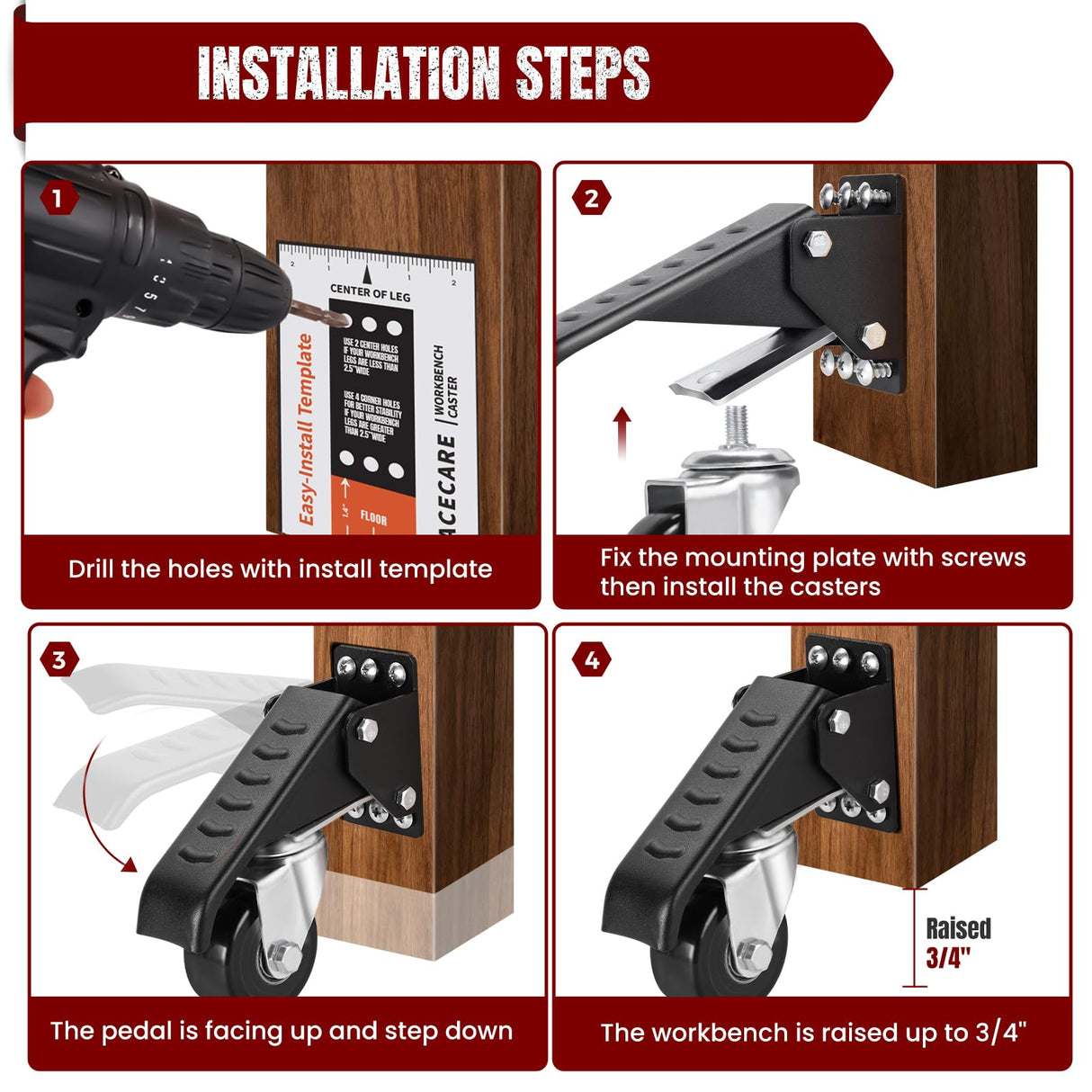 SPACECARE Workbench Casters Retractable Casters Kit 900Lbs, 4 Heavy Duty Casters Side Mounted All Steel Construction Urethane, Bonus Install SPACECARE
