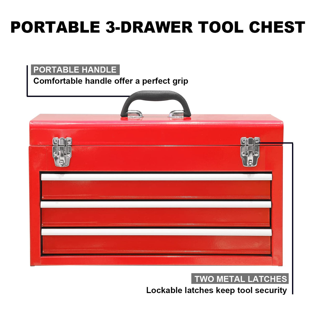 BIG RED ANTBD133-XB Torin 20" Portable 3 Drawer Steel Tool Box with Metal Latch Closure, Red BIG RED