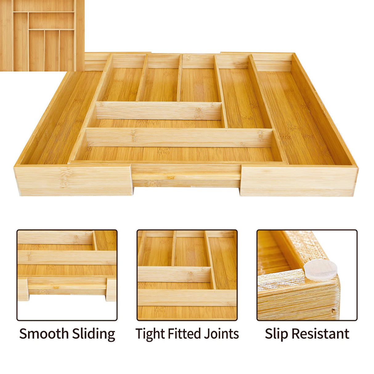 ZROOY Expandable Bamboo Kitchen Silverware Organizer Drawer for Utensils Holder and Cutlery, 8 Compartments for Drawer Tray with Grooved Drawer ZROOY