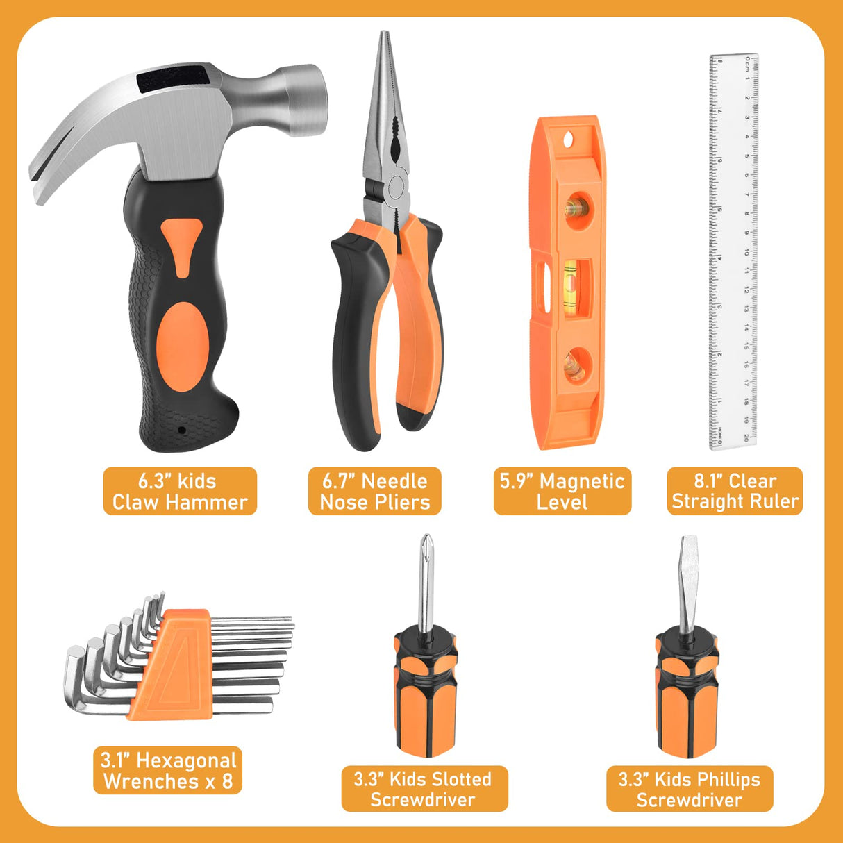 VIGRUE ππ’ππ¬ ππ¨π¨π₯ πππ, Children Gift Present Real Hand Tools Kit with Belt and Bag, Boy Builder Small Learning Accessories Construction Hammer VIGRUE