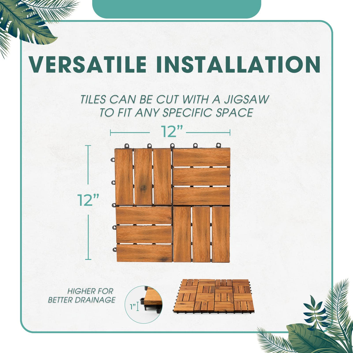 Idzo Interlocking Deck Tiles - 10PCS Waterproof Acacia Wood Patio Tiles, Flooring Tiles for Both Indoor and Outdoor - Decking Checker Pattern, 12 x IDZO