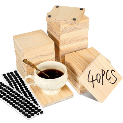 40 Pcs Unfinished Square Wood Coasters Wooden Coasters for Crafts Thick Blank Coasters DIY Wood Coasters with Non Slip Dot Stickers for DIY Arts