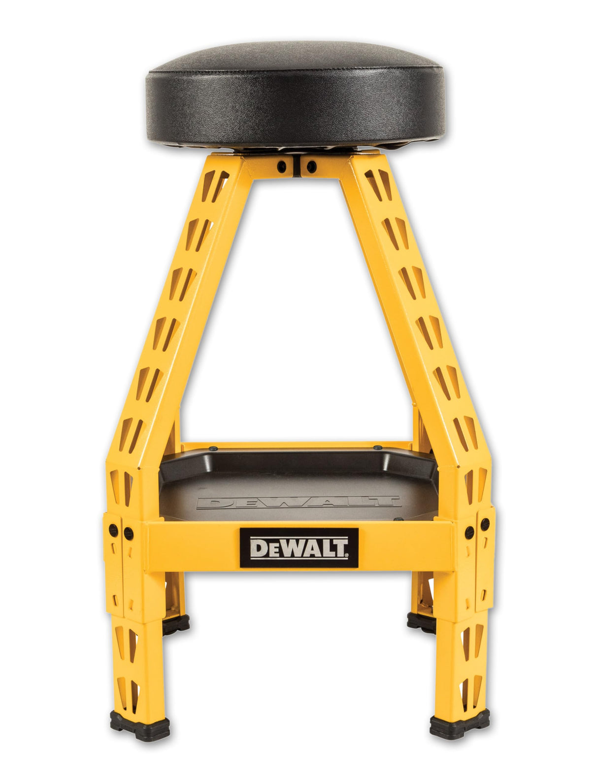 DEWALT Heavy-Duty Metal Stool for Garage and Shop, 360 Swivel Seat, Storage Tray, Padded Rip-Resistant Seat, Steel Frame, Industrial Powder Coating DEWALT