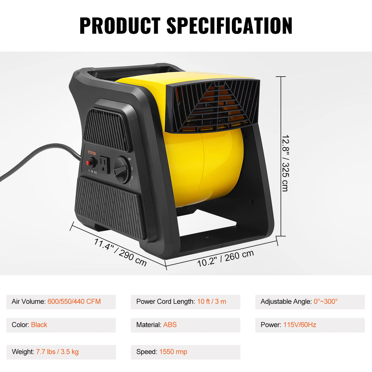 VEVOR Pivoting Utility Fan, 600 CFM High Velocity Floor Blower for Drying, Cooling, Ventilating, Exhausting, 300° Blowing Angle Air Mover, Portable VEVOR