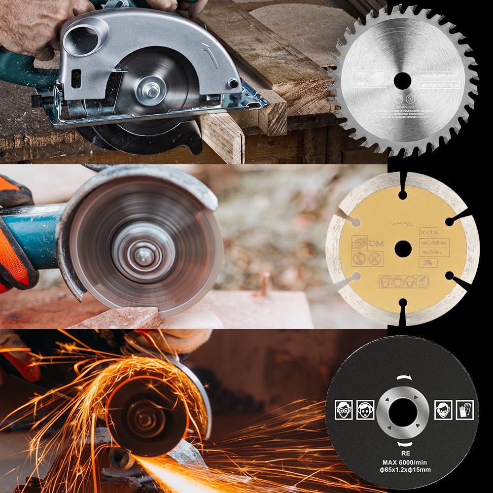 5Pcs 3-3/8 Inch Compact Circular Saw Blades Set with 19/32" Arbor TCT/HSS/Diamond Saw Blade/Grind Wheel for Angle Grinder Wood Plastic Sheet Metal Firearth