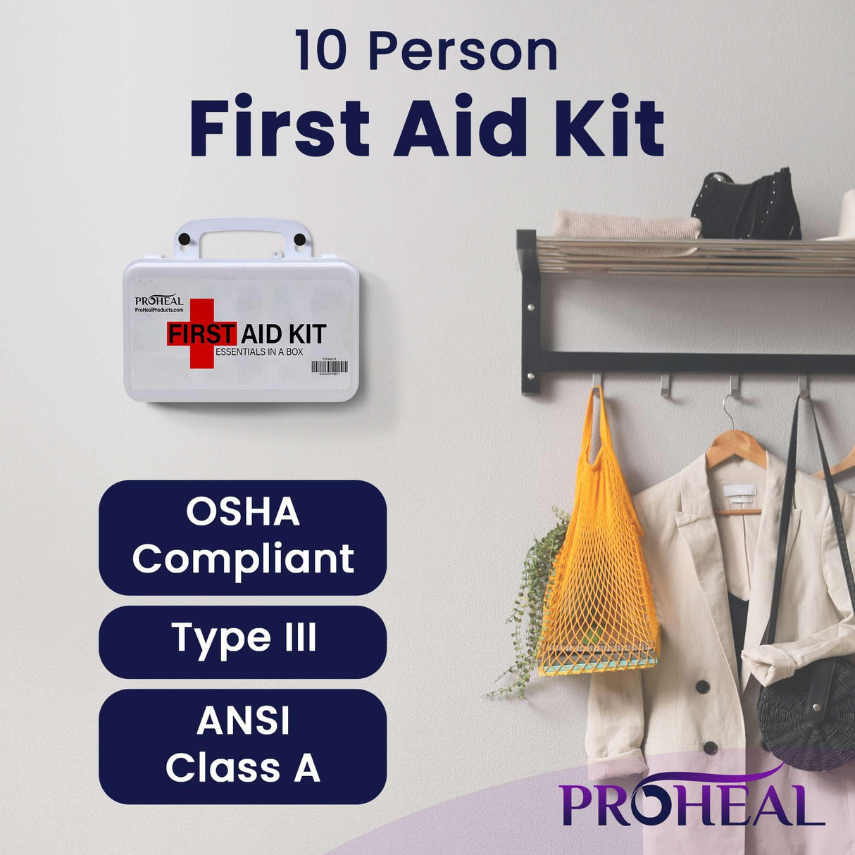 OSHA Compliant First Aid Kit - 10 Person, Type III, ANSI Class A Emergency Kit for Truck, Car, Construction Site - 71 Essential First Aid Supplies ProHeal