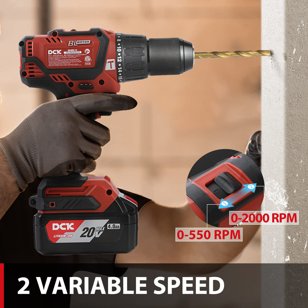 DCK Brushless Hammer Drill, 20V Max Hammer Drill Cordless, 531In-lb,36000 BPM,1/2" All-Metal Chuck, Variable Speeds, 22+1+1 Torque Setting, 4.0Ah DCK