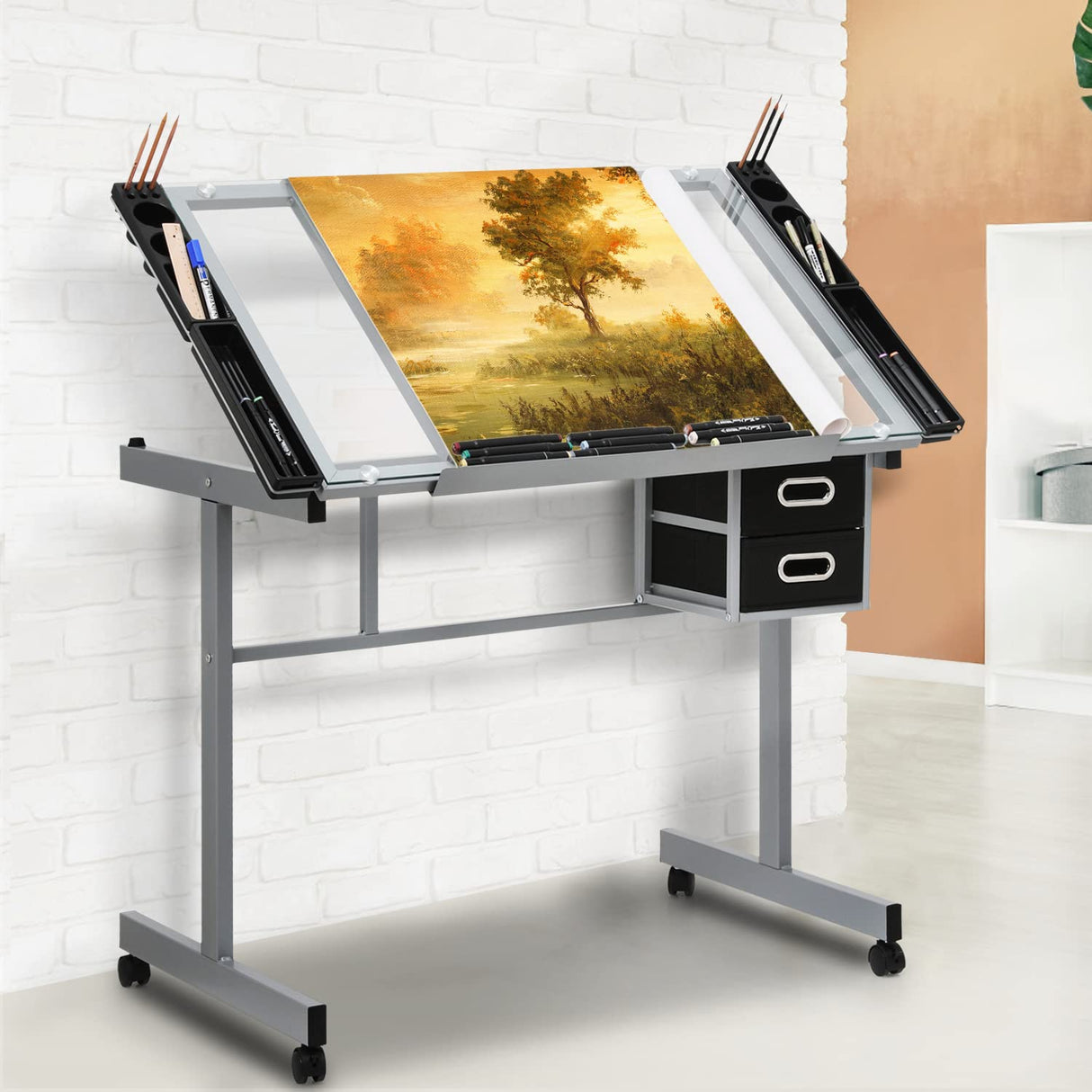 Magshion Drafting Table Adjustable Height Artist Desk with Tilting Clear Glass Tabletop, Portable Art Desk with 2 Storage Drawers and 2 Lockable Magshion