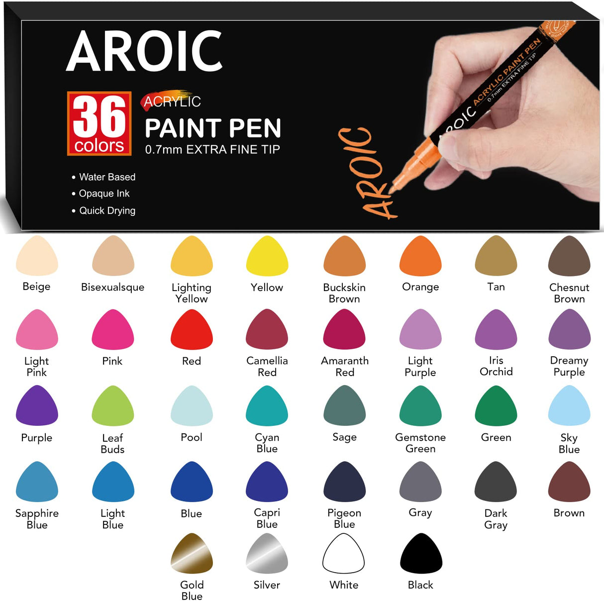 AROIC Paint Pens Paint Markers, 36 Packs Acrylic Paint markers for Writing on Any Material, Wood, Rock Painting, Glass, Ceramic, Canvas, Easter Egg AROIC