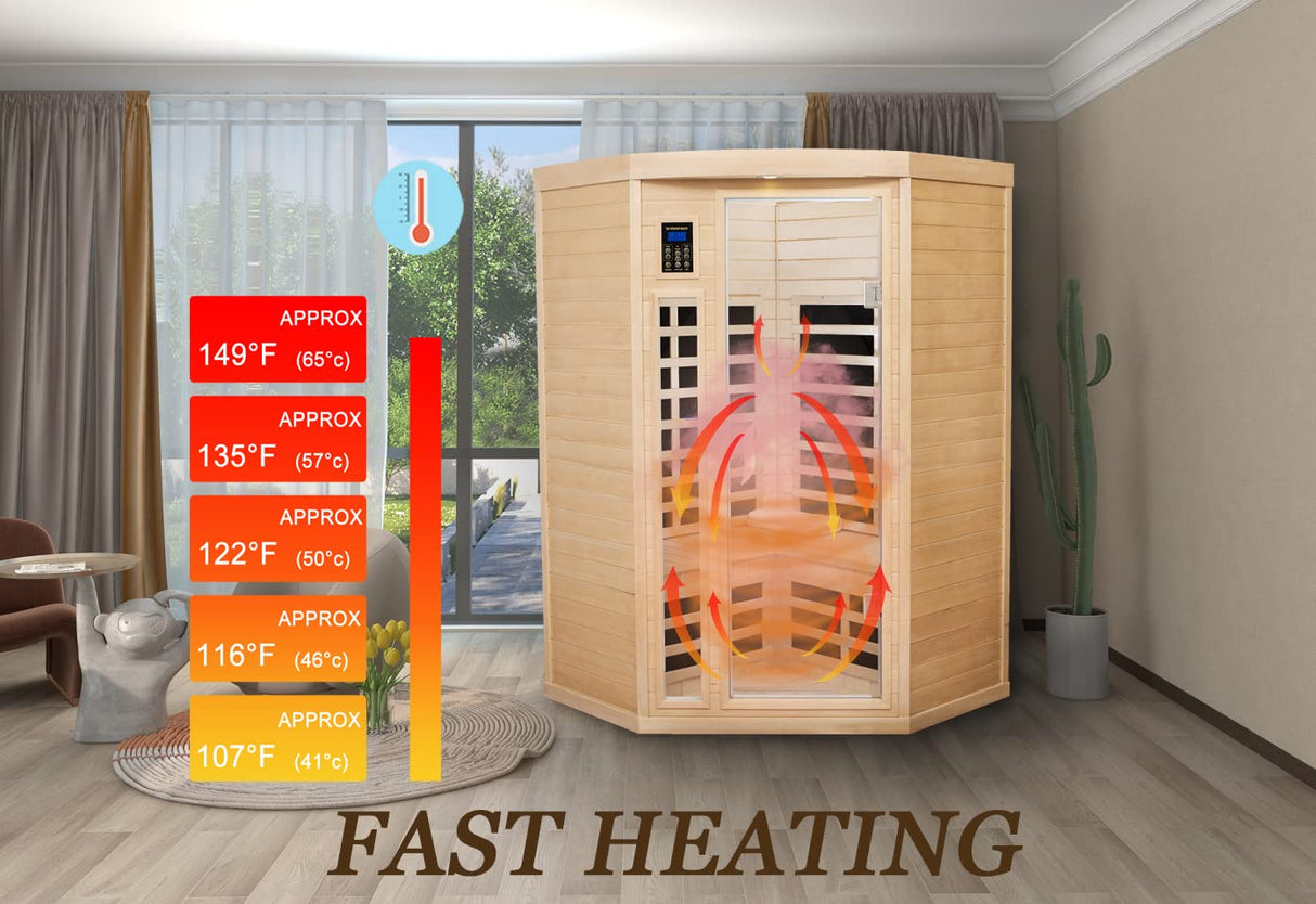 SALUSHEAT Far Infrared Wooden Sauna Room, 2 Person Home Sauna, Canadian Hemlock Indoor Corner Sauna Spa, 7 Low EMF Heaters, 2 Bluetooth Speakers, 2 SALUSHEAT