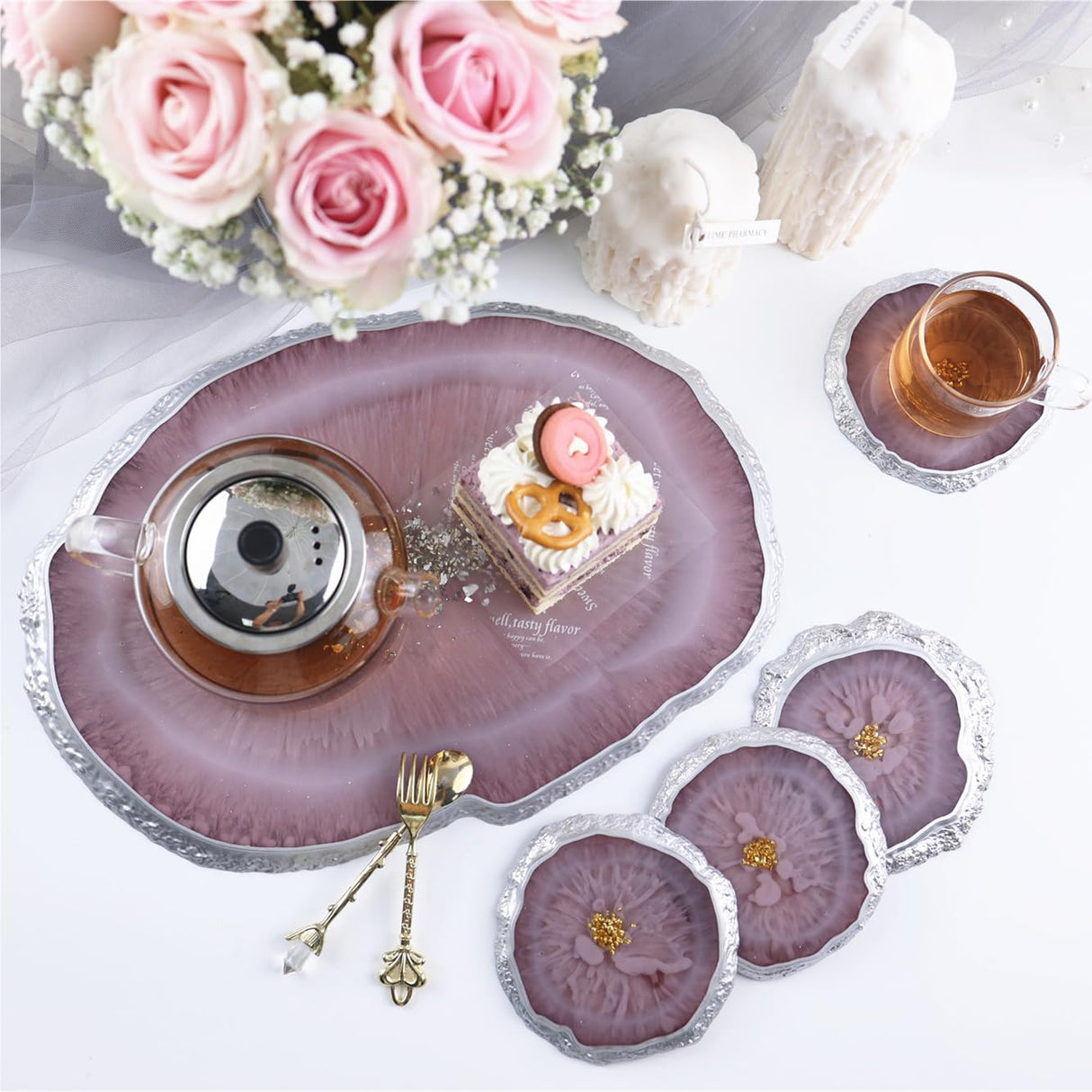 Resin Tray Molds,Large Silicone Tray Molds with 4Pcs Coaster Molds for Epoxy Resin,Oval Tray Molds for Resin Casting, DIY Resin Crafts Home SIMEIQI