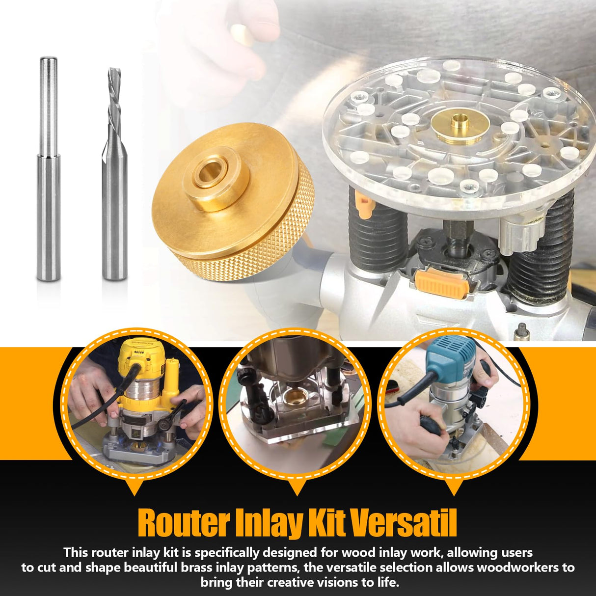 71333 Solid Brass Router Inlay Set for 1/4 Templates High RPM Routing, Includes 1/8" Carbide Spiral Bit + 1/4 Shank, Universal Quick Change Bushing, Ahuliao