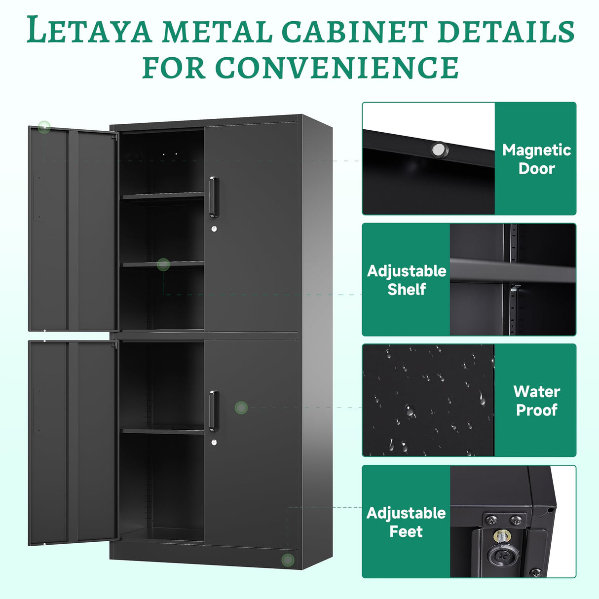 Letaya Metal Storage Cabinet with Lock Door, Adjustable Shelf Steel Cabinets for Office, Home,Pantry,Kitchen,Garage Utility Cabinet (4 Door-Black) Letaya