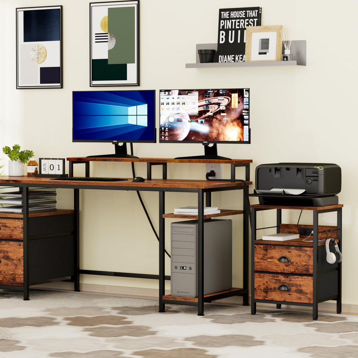 Furologee Nightstand Set of 2, Rustic Brown, with Charging Station and USB Ports, Side Tables with 2 Fabric Drawers, Bedside Tables with Storage Furologee