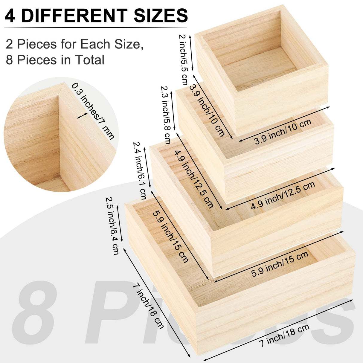 Aodaer 8 Pieces Unfinished Wooden Box in 4 Sizes Rustic Small Wood Box Square Storage Organizer Container Craft Box Paulownia Treasure Boxes for Aodaer